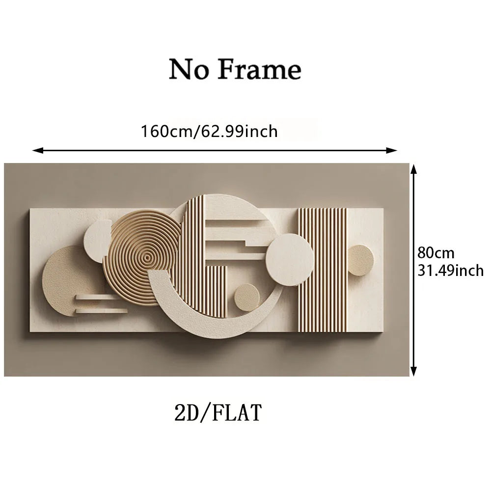 Abstract wall art with geometric shapes on a beige background, dimensions displayed.
