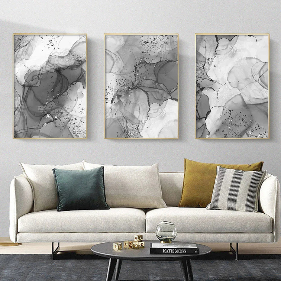 Modern Gray Liquid Marble Print Wall Art Fine Art Canvas Prints Abstract Black White Poster Pictures For Living Room Home Office Art Decor