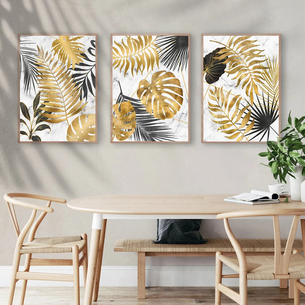 * Featured Sale * Modern Botanical Golden Tropical Leaves Wall Art Fine Art Canvas Prints Pictures For Living Room Kitchen Dining Room Wall Decor