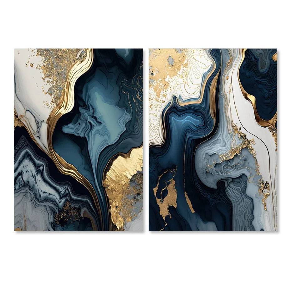 Deep Oceanic Blue Golden Marble Print Wall Art Fine Art Canvas Prints Posters Pictures For Living Room Dining Room Light Luxury Home Decor