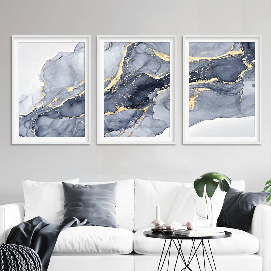 Shades of Blue Abstract Liquid Marble Wall Art Fine Art Canvas Print With Golden Accents Pictures For Living Room Contemporary Bedroom Art Decor