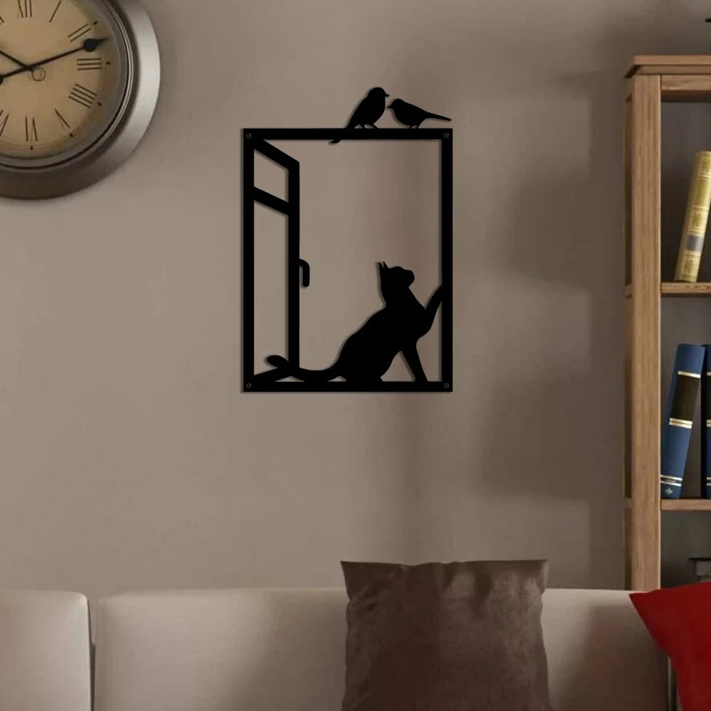 Add an elegant touch to your home with this 3D metal wall art featuring a black cat and birds in silhouette. Hand-crafted with iron, this plaque adds a unique and modern element to any living or dining room. Perfect for cat lovers, this piece also makes a great gift. 