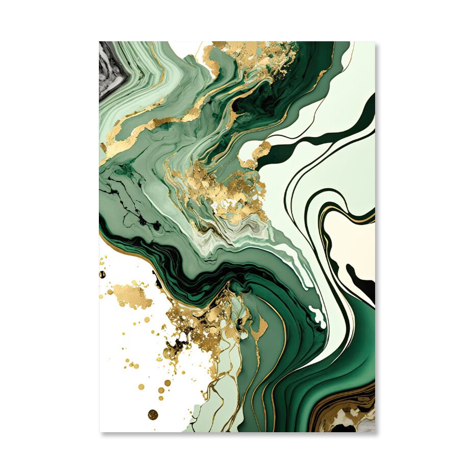 Abstract Liquid Golden Green Marble Print Wall Art Fine Art Canvas Prints Pictures For Luxury Living Room Dining Room Home Office Decor