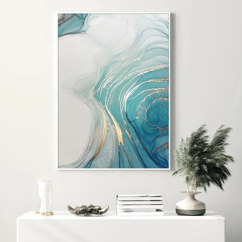 Blue Green Turquoise Liquid Marble Wall Art Fine Art Canvas Prints Modern Abstract Pictures For Living Room Bedroom Boutique Hotel Room Art Decor