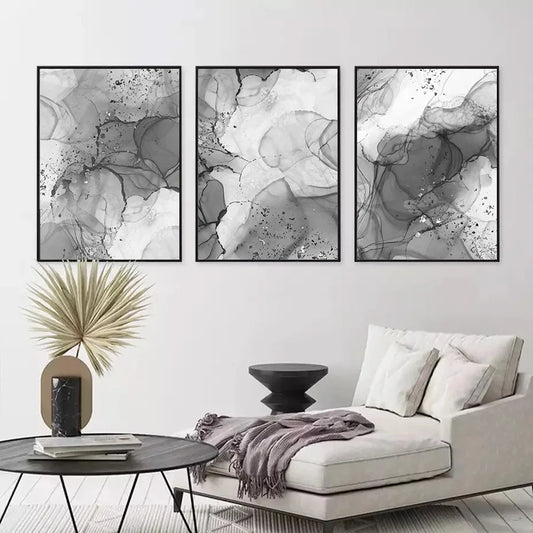 Modern Gray Liquid Marble Print Wall Art Fine Art Canvas Prints Abstract Black White Poster Pictures For Living Room Home Office Art Decor
