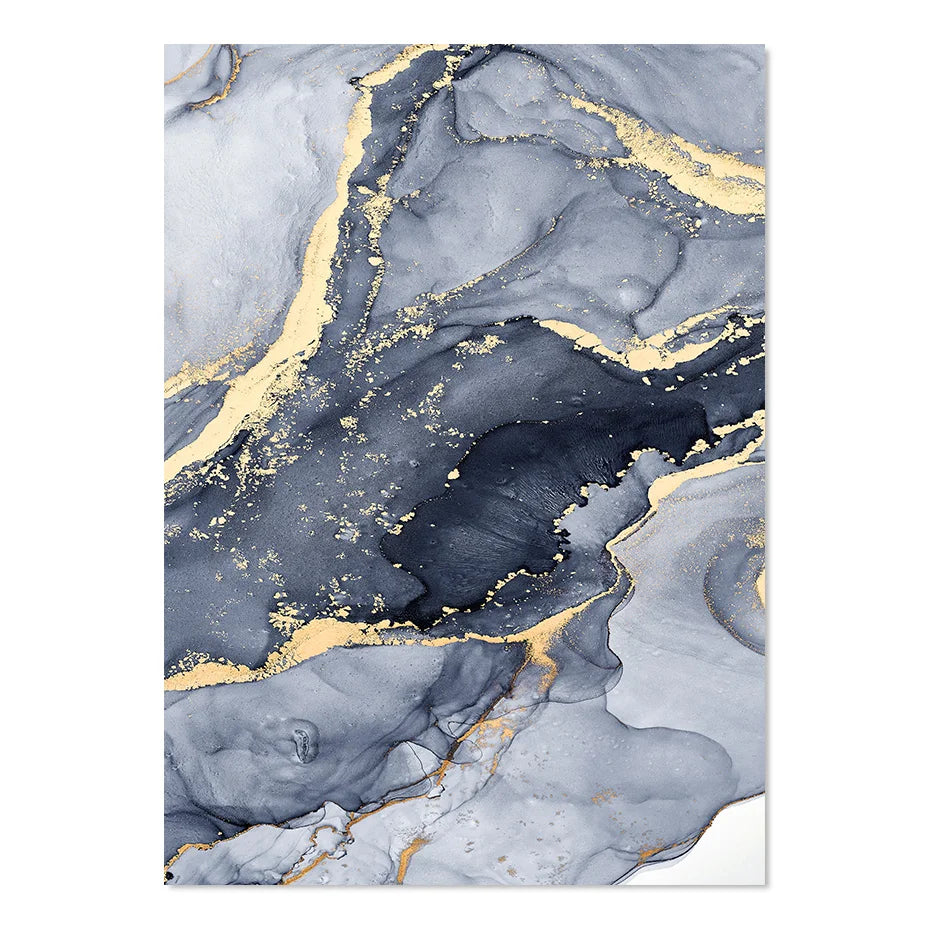 Shades of Blue Abstract Liquid Marble Wall Art Fine Art Canvas Print With Golden Accents Pictures For Living Room Contemporary Bedroom Art Decor