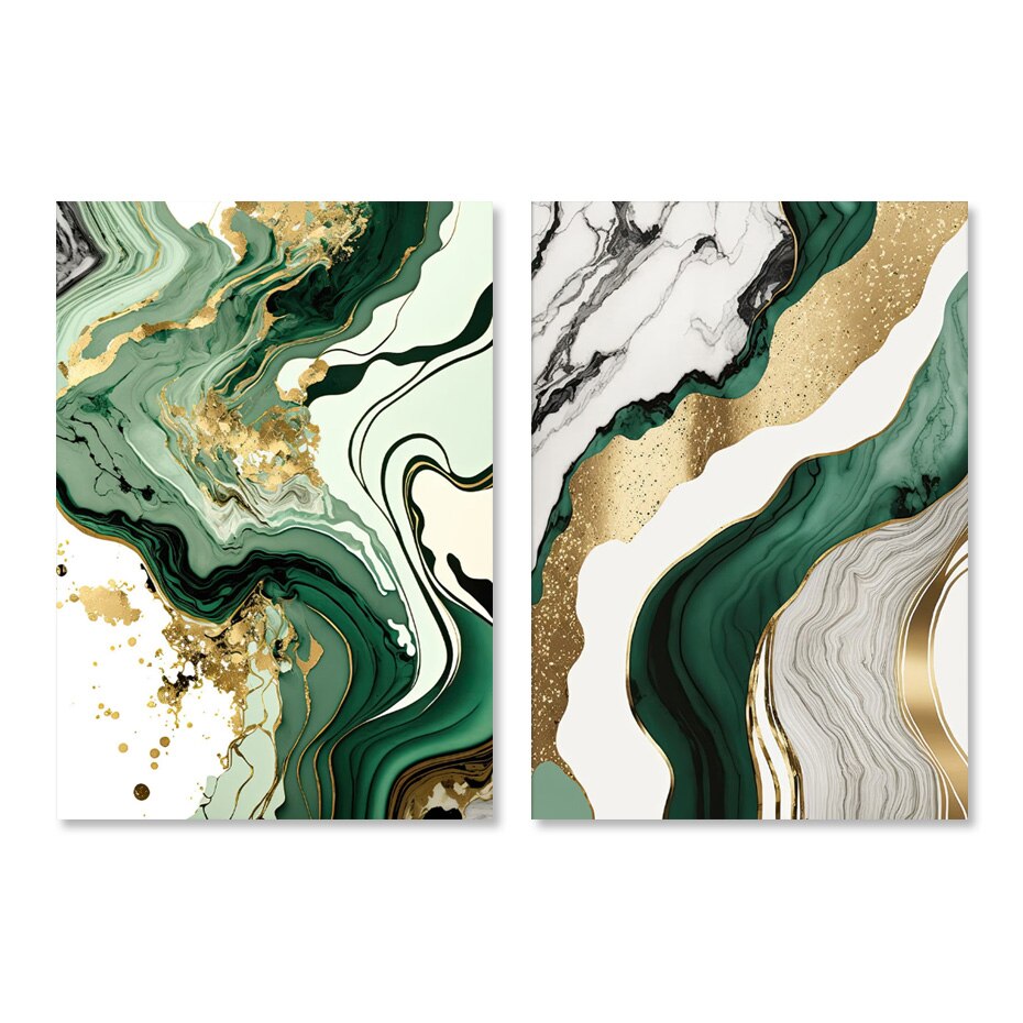 Abstract Liquid Golden Green Marble Print Wall Art Fine Art Canvas Prints Pictures For Luxury Living Room Dining Room Home Office Decor