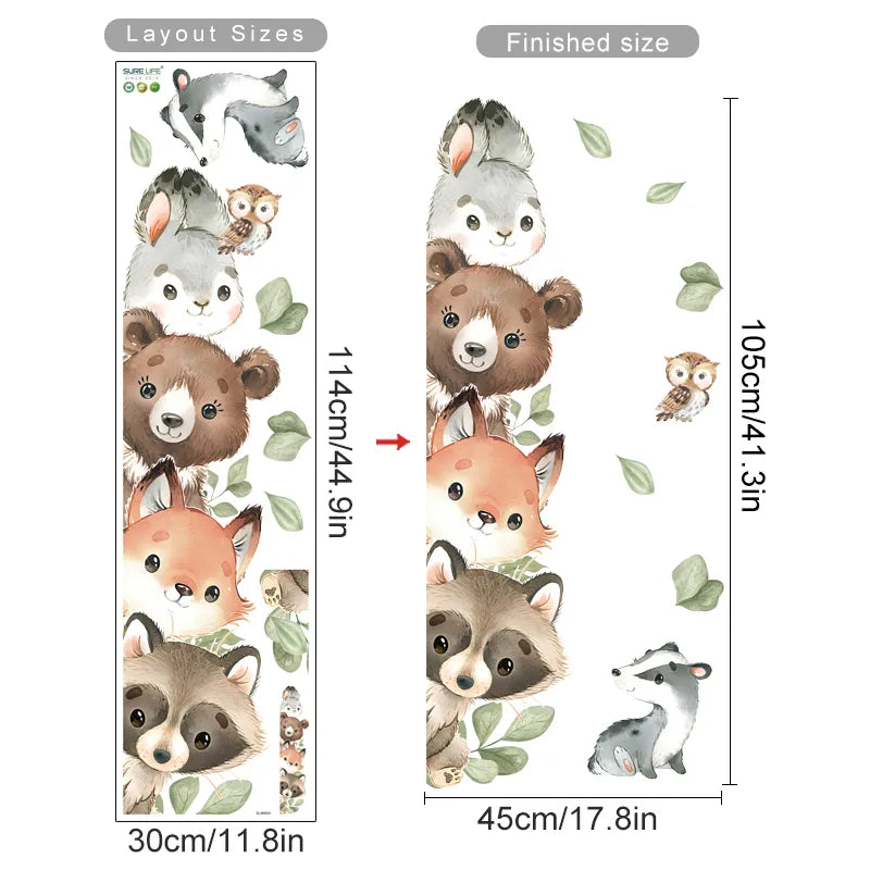 Cartoon Door Stickers Forest Animals Bear Rabbit Watercolor Wall Sticker for Kids Room Baby Nursery Room Wall Decals Home Decor