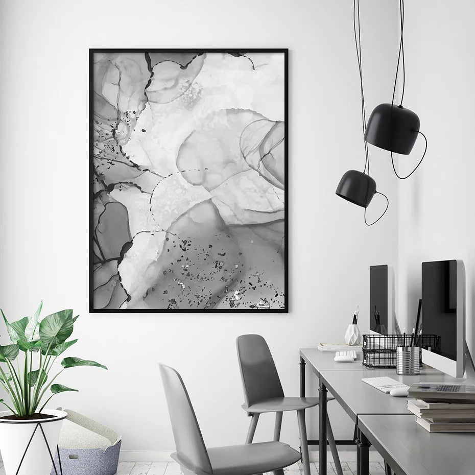 Modern Gray Liquid Marble Print Wall Art Fine Art Canvas Prints Abstract Black White Poster Pictures For Living Room Home Office Art Decor