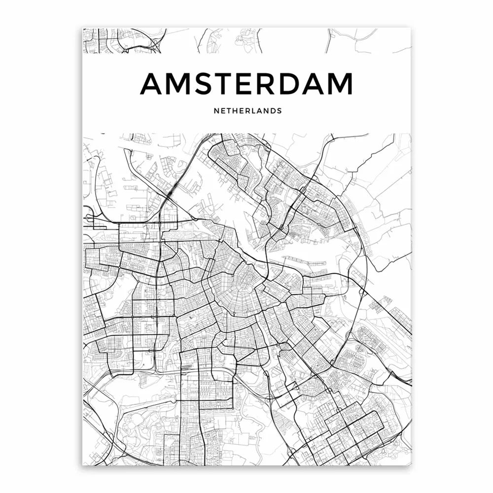 London, Paris, Amsterdam, New York City Wall Map Art Posters Modern City Map Art Abstract Minimalist Black White Canvas Posters Prints Pictures for Modern Home Office Decoration