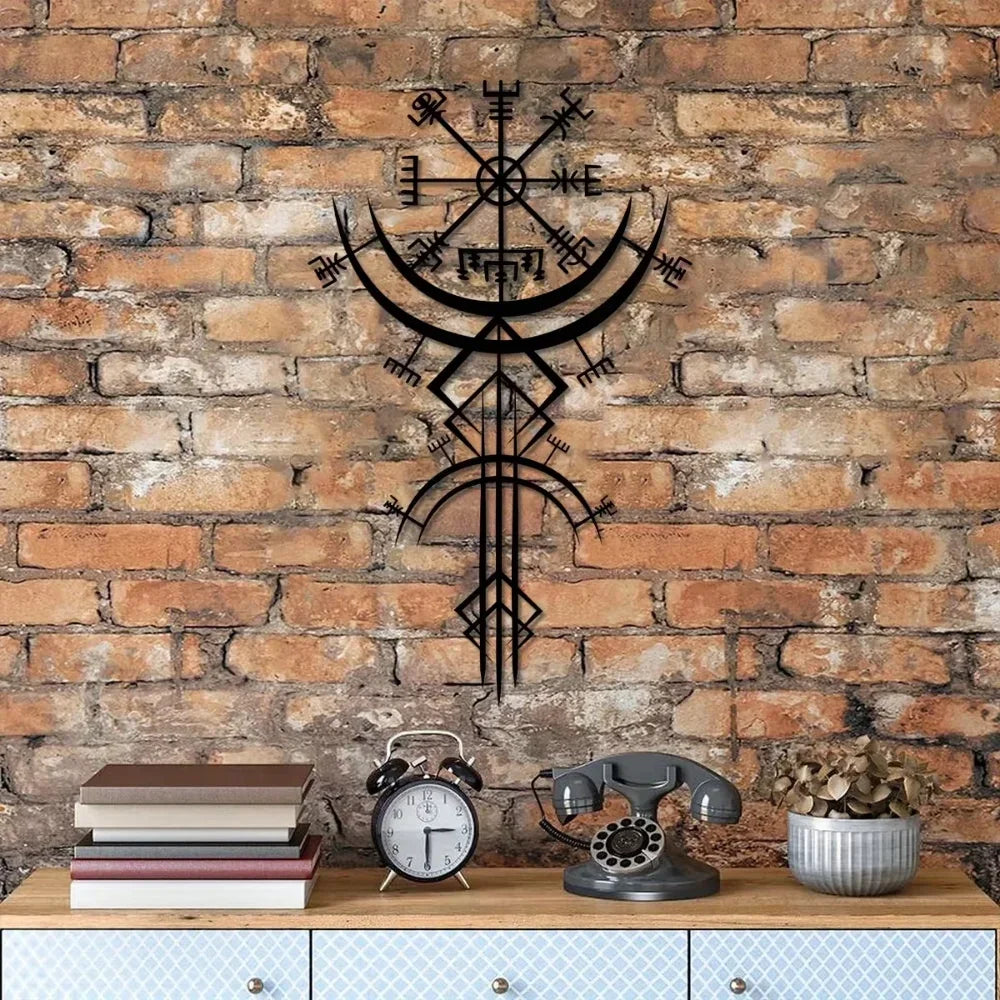 Ancient Viking Runic Compass Metal Wall Art Decorative Plaque 3d Iron Crafted Mythological Wall Decoration For Living Room Abstract Nordic Art Decor