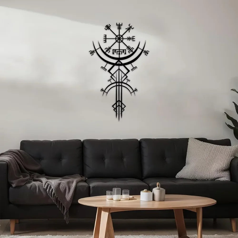 Ancient Viking Runic Compass Metal Wall Art Decorative Plaque 3d Iron Crafted Mythological Wall Decoration For Living Room Abstract Nordic Art Decor
