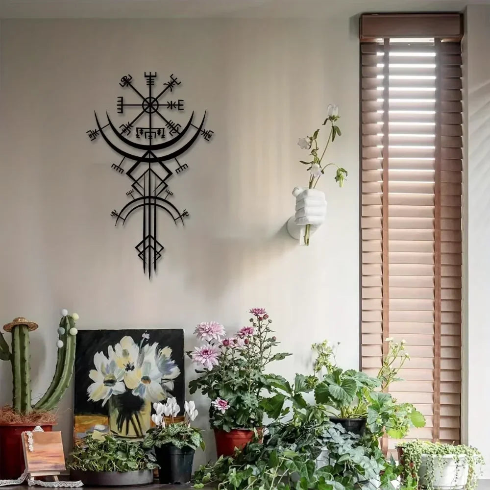 Ancient Viking Runic Compass Metal Wall Art Decorative Plaque 3d Iron Crafted Mythological Wall Decoration For Living Room Abstract Nordic Art Decor