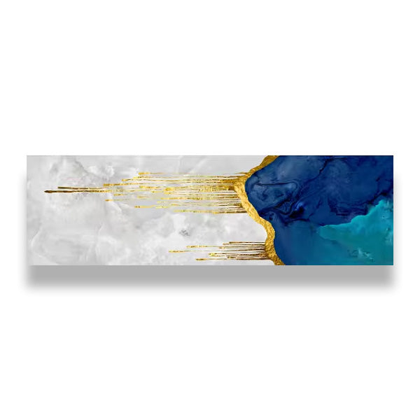 Aqua Blue Liquid Golden Wall Art Fine Art Canvas Print Vertical Format Picture For Living Room Foyer Bedroom Auspicious Art For Contemporary Interiors