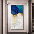 Aqua Blue Liquid Golden Wall Art Fine Art Canvas Print Vertical Format Wide Format Picture For Living Room Foyer Bedroom Auspicious Art For Contemporary Interiors