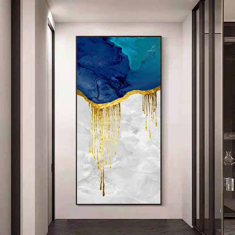 Aqua Blue Liquid Golden Wall Art Fine Art Canvas Print Vertical Format Wide Format Picture For Living Room Foyer Bedroom Auspicious Art For Contemporary Interiors