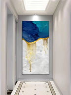 Aqua Blue Liquid Golden Wall Art Fine Art Canvas Print Vertical Format Wide Format Picture For Living Room Foyer Bedroom Auspicious Art For Contemporary Interiors 2025