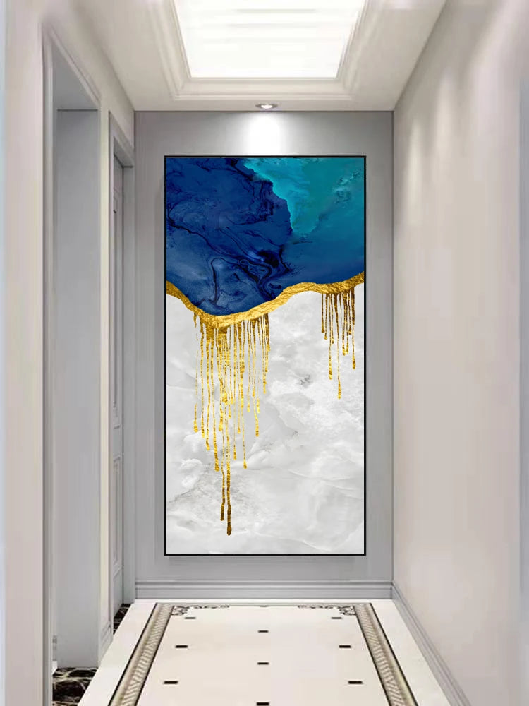 Aqua Blue Liquid Golden Wall Art Fine Art Canvas Print Vertical Format Wide Format Picture For Living Room Foyer Bedroom Auspicious Art For Contemporary Interiors 2025