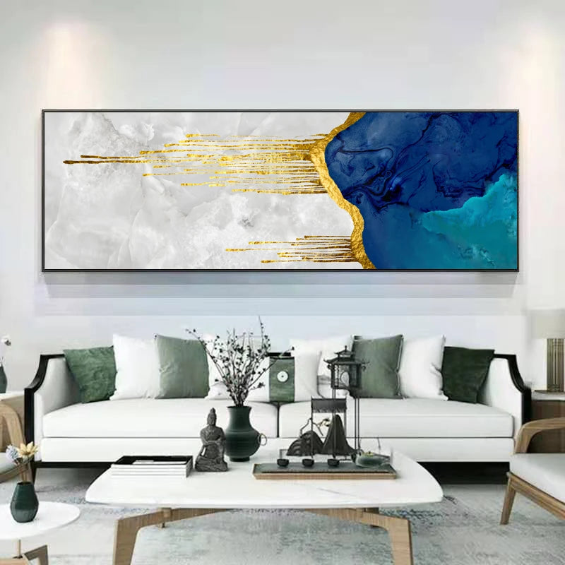 Aqua Blue Liquid Golden Wall Art Fine Art Canvas Print Vertical Format Wide Format Picture For Living Room Foyer Bedroom Auspicious Art For Contemporary Interiors 2025 02