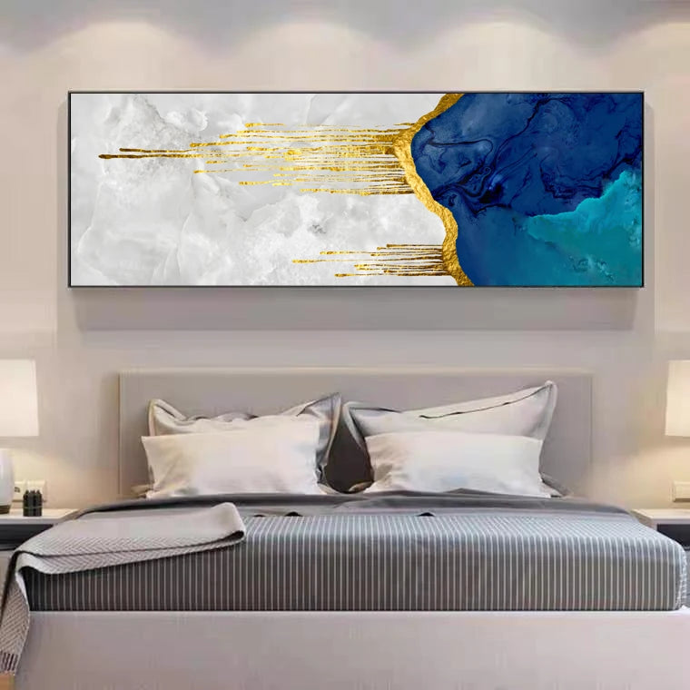 Aqua Blue Liquid Golden Wall Art Fine Art Canvas Print Vertical Format Wide Format Picture For Living Room Foyer Bedroom Auspicious Art For Contemporary Interiors 2025