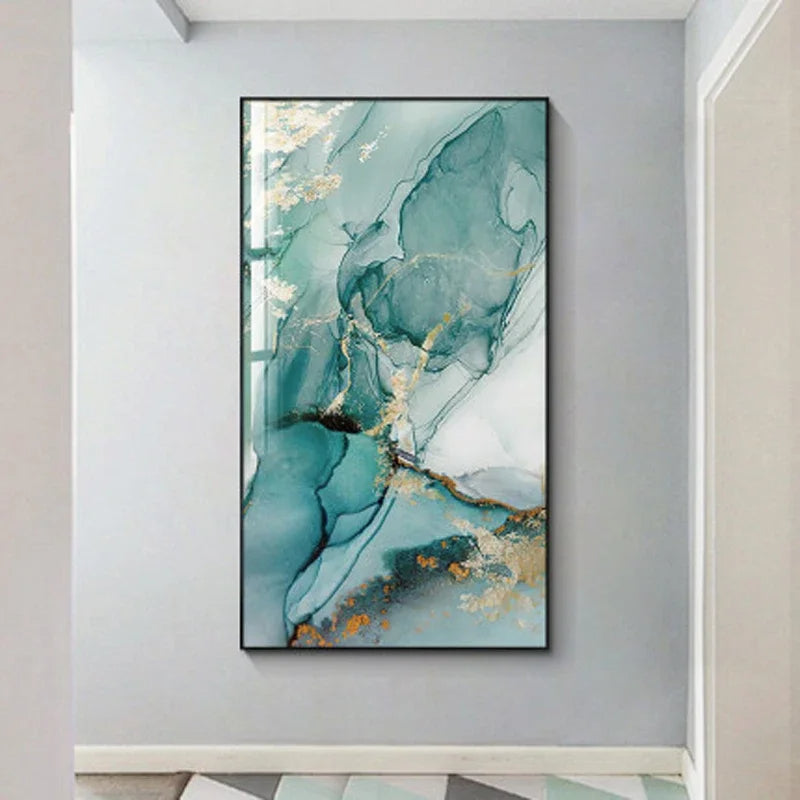 Aqua Green Golden Liquid Marble Print Wall Art Fine Art Canvas Print Pictures For Luxury Apartment Living Room Modern Foyer Art Decor