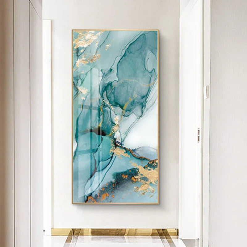 Aqua Green Golden Liquid Marble Print Wall Art Fine Art Canvas Print Pictures For Luxury Apartment Living Room Modern Foyer Art Decor