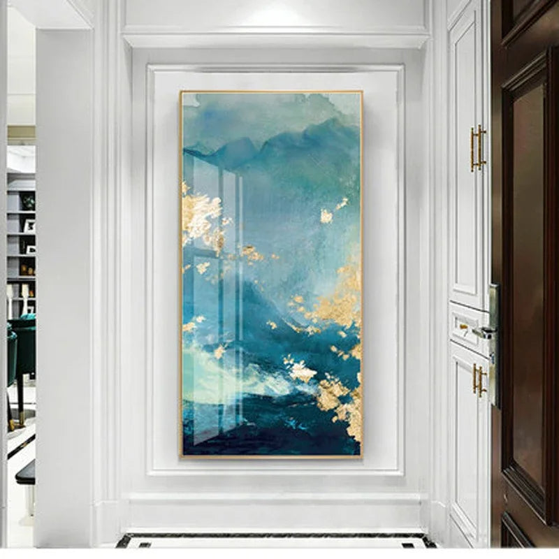 Aqua Green Golden Liquid Marble Print Wall Art Fine Art Canvas Print Pictures For Luxury Apartment Living Room Modern Foyer Art Decor