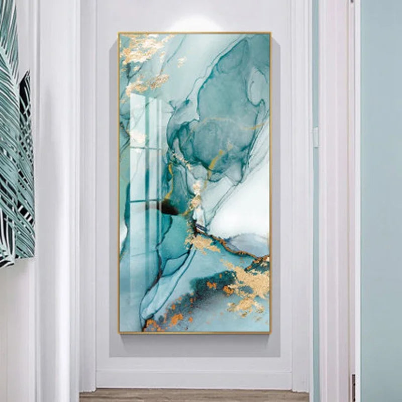 Aqua Green Golden Liquid Marble Print Wall Art Fine Art Canvas Print Pictures For Luxury Apartment Living Room Modern Foyer Art Decor