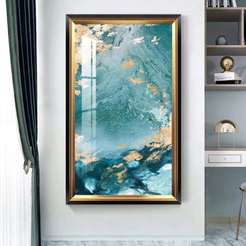 Aqua Green Golden Liquid Marble Print Wall Art Fine Art Canvas Print Pictures For Luxury Apartment Living Room Modern Foyer Art Decor