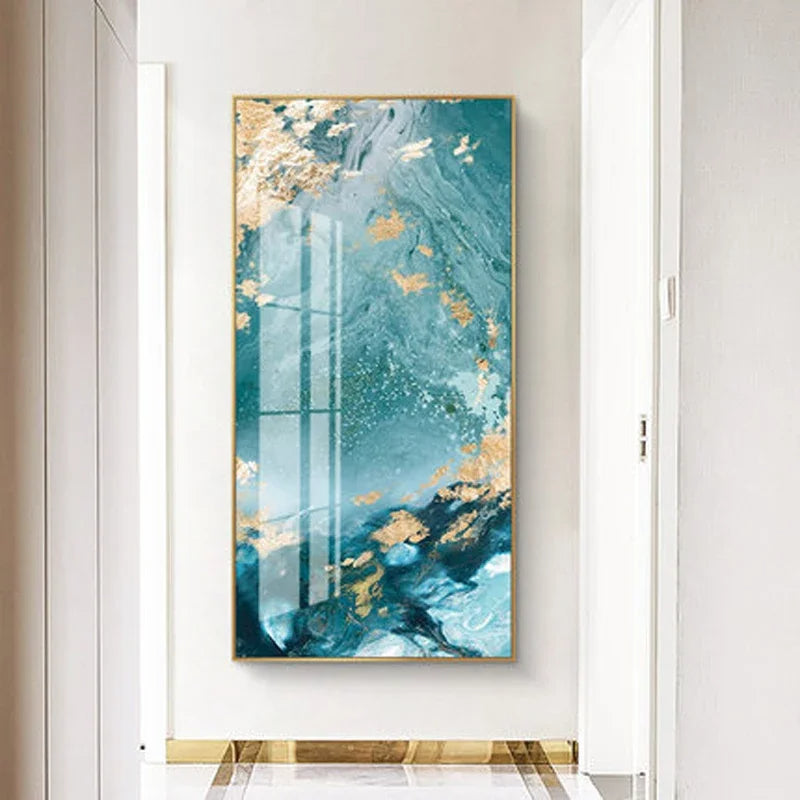 Aqua Green Golden Liquid Marble Print Wall Art Fine Art Canvas Print Pictures For Luxury Apartment Living Room Modern Foyer Art Decor