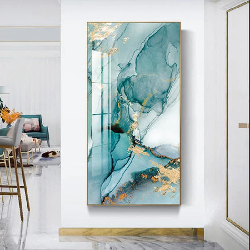 Aqua Green Golden Liquid Marble Print Wall Art Fine Art Canvas Print Pictures For Luxury Apartment Living Room Modern Foyer Art Decor