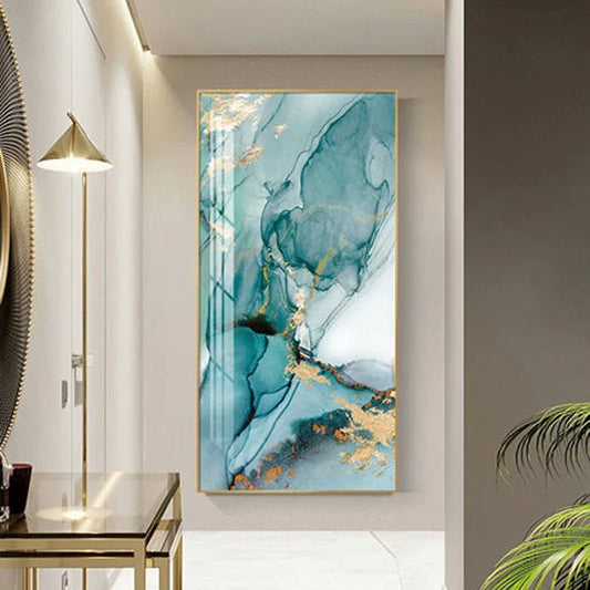 Aqua Green Golden Liquid Marble Print Wall Art Fine Art Canvas Print Pictures For Luxury Apartment Living Room Modern Foyer Art Decor