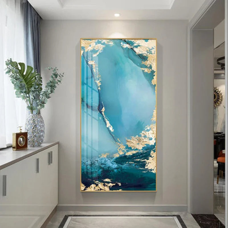 Aqua Green Golden Liquid Marble Print Wall Art Fine Art Canvas Print Pictures For Luxury Apartment Living Room Modern Foyer Art Decor