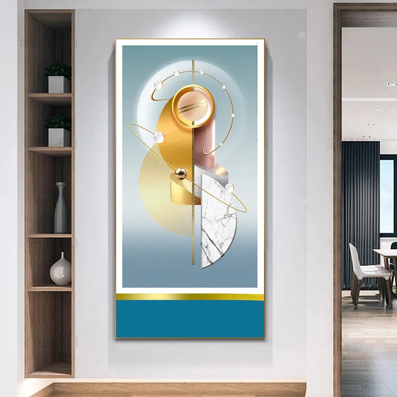 Auspicious Golden Deer Abstract Geometrical Landscape Wall Art Vertical Format Pictures For Entrance Hallway Home Office Decor