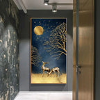 Auspicious Abstract Golden Deer In The Moonlight Wall Art Fine Art Canvas Prints Abstract Pictures For Foyer Reception Entranceway Wall Decor