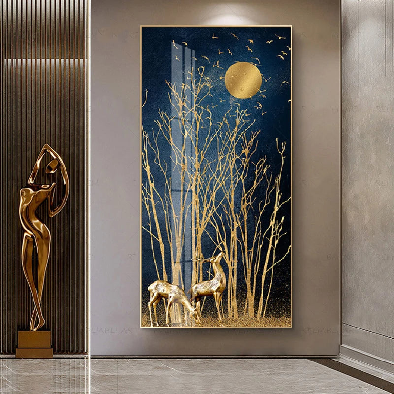 Auspicious Abstract Golden Deer In The Moonlight Wall Art Fine Art Canvas Prints Abstract Pictures For Foyer Reception Entranceway Wall Decor