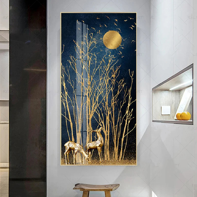 Auspicious Abstract Golden Deer In The Moonlight Wall Art Fine Art Canvas Prints Abstract Pictures For Foyer Reception Entranceway Wall Decor