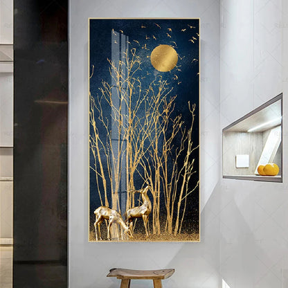 Auspicious Abstract Golden Deer In The Moonlight Wall Art Fine Art Canvas Prints Abstract Pictures For Foyer Reception Entranceway Wall Decor