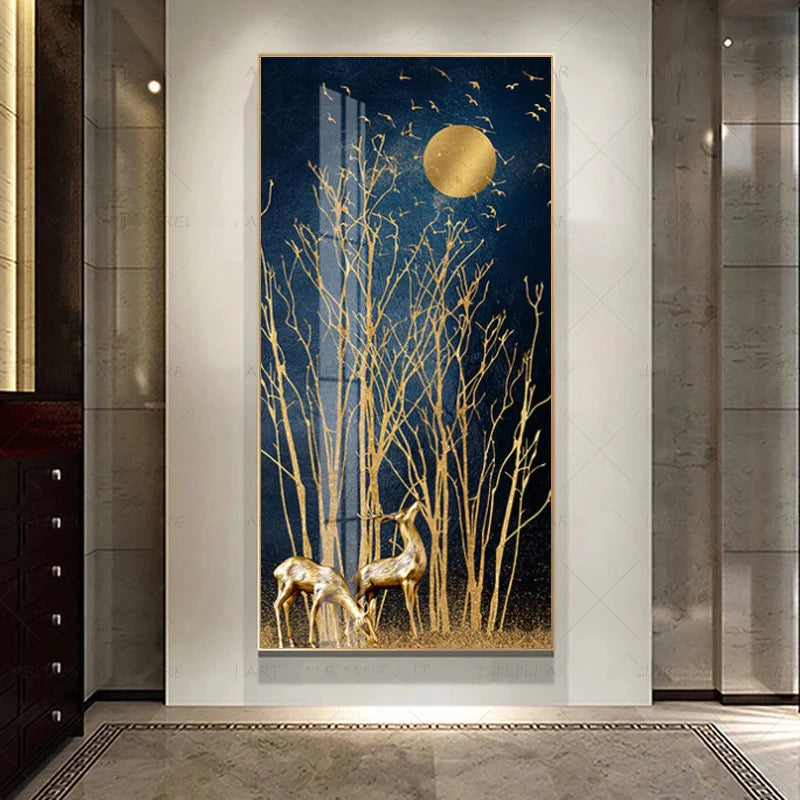 Auspicious Abstract Golden Deer In The Moonlight Wall Art Fine Art Canvas Prints Abstract Pictures For Foyer Reception Entranceway Wall Decor