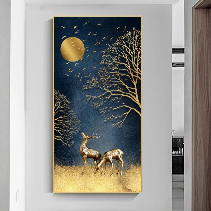 Auspicious Abstract Golden Deer In The Moonlight Wall Art Fine Art Canvas Prints Abstract Pictures For Foyer Reception Entranceway Wall Decor