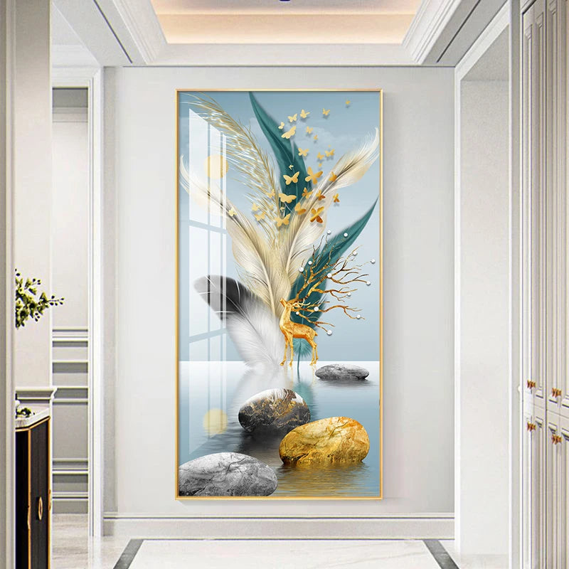 Golden Feather Deer Landscape Auspicious Abstract Wall Art For Living ...