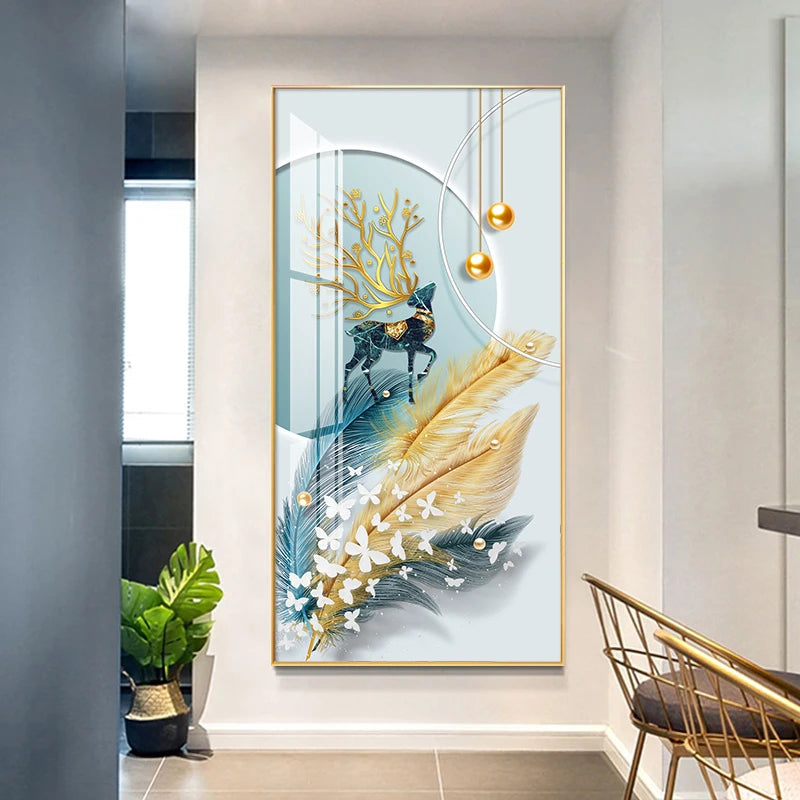 Auspicious Abstract Golden Feather Deer Landscape Wall Art Fine Art Canvas Prints Pictures For Living Room Entrance Foyer Light Luxury Home Decor