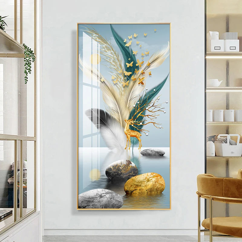 Auspicious Abstract Golden Feather Deer Landscape Wall Art Fine Art Canvas Prints Pictures For Living Room Entrance Foyer Light Luxury Home Decor