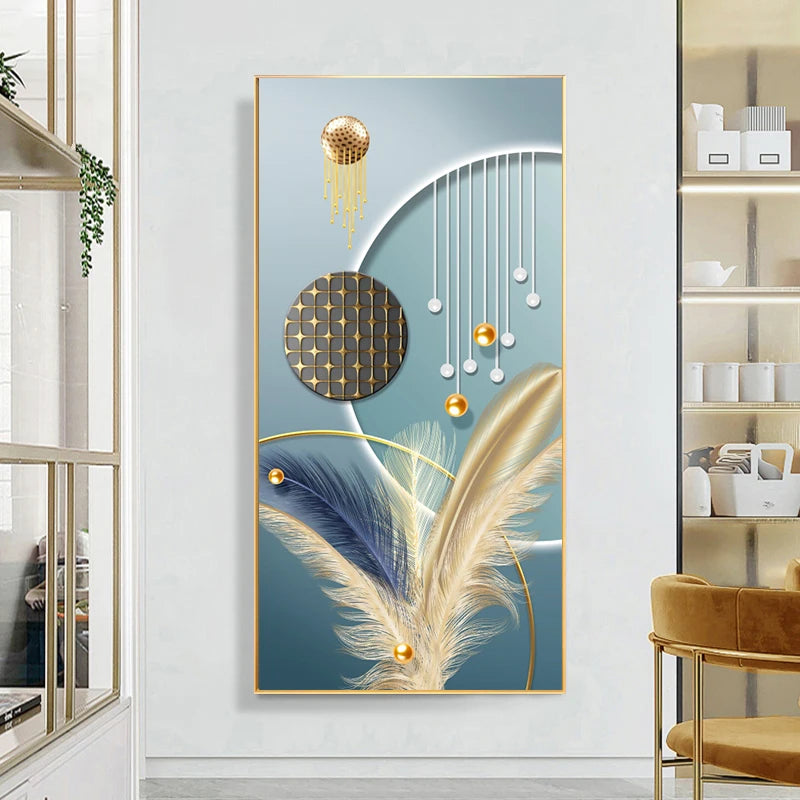 Auspicious Abstract Golden Feather Deer Landscape Wall Art Fine Art Canvas Prints Pictures For Living Room Entrance Foyer Light Luxury Home Decor