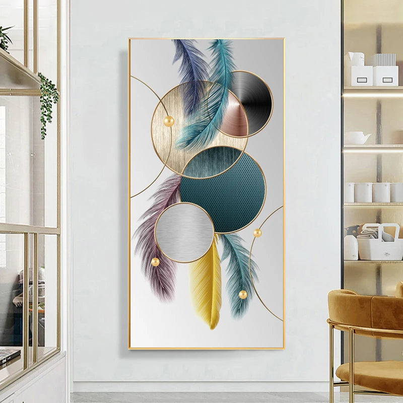 Auspicious Abstract Golden Feather Deer Landscape Wall Art Fine Art Canvas Prints Pictures For Living Room Entrance Foyer Light Luxury Home Decor