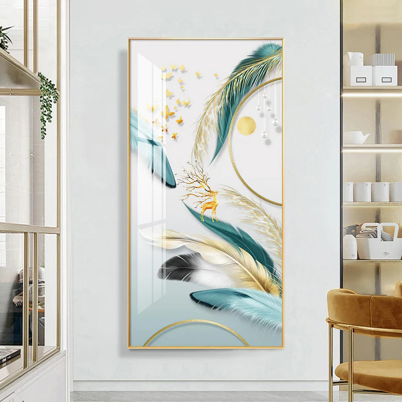 Auspicious Abstract Golden Feather Deer Landscape Wall Art Fine Art Canvas Prints Pictures For Living Room Entrance Foyer Light Luxury Home Decor