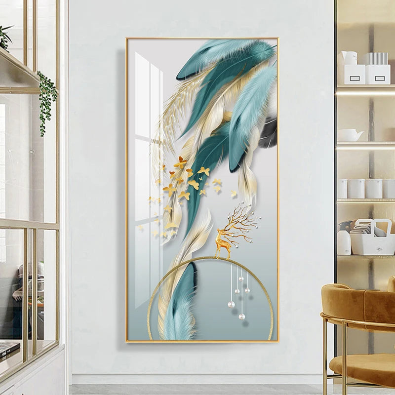 Auspicious Abstract Golden Feather Deer Landscape Wall Art Fine Art Canvas Prints Pictures For Living Room Entrance Foyer Light Luxury Home Decor