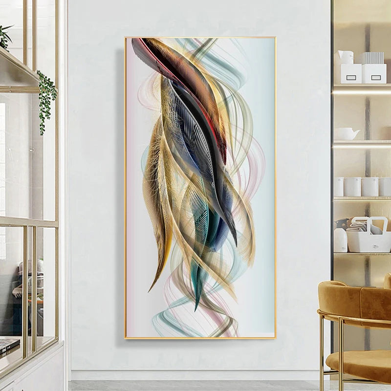 Auspicious Abstract Golden Feather Deer Landscape Wall Art Fine Art Canvas Prints Pictures For Living Room Entrance Foyer Light Luxury Home Decor