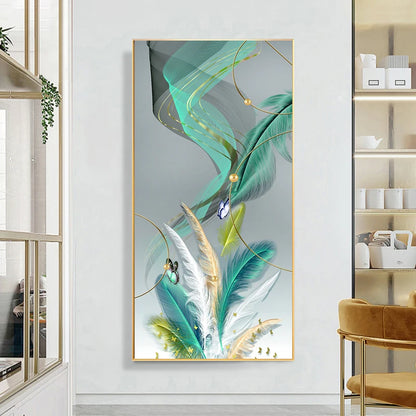 Auspicious Abstract Golden Feather Deer Landscape Wall Art Fine Art Canvas Prints Pictures For Living Room Entrance Foyer Light Luxury Home Decor