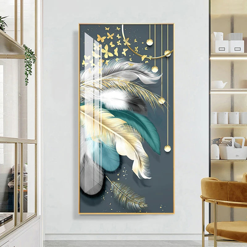 Auspicious Abstract Golden Feather Deer Landscape Wall Art Fine Art Canvas Prints Pictures For Living Room Entrance Foyer Light Luxury Home Decor